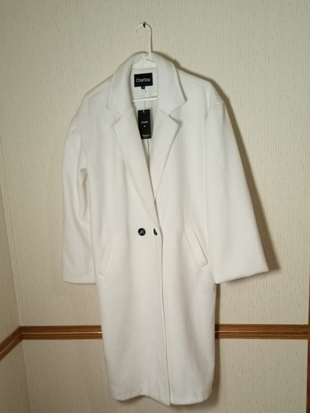 Chartou Women's White Long Wool-Blend Coat, Church, Work, Winter, Special Occasi